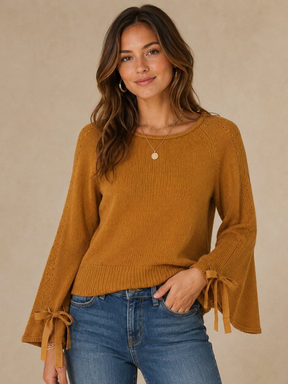 Sundance SZ M Aryka Wool-Cotton Blend Sweater Bell Sleeves With Ties Gold